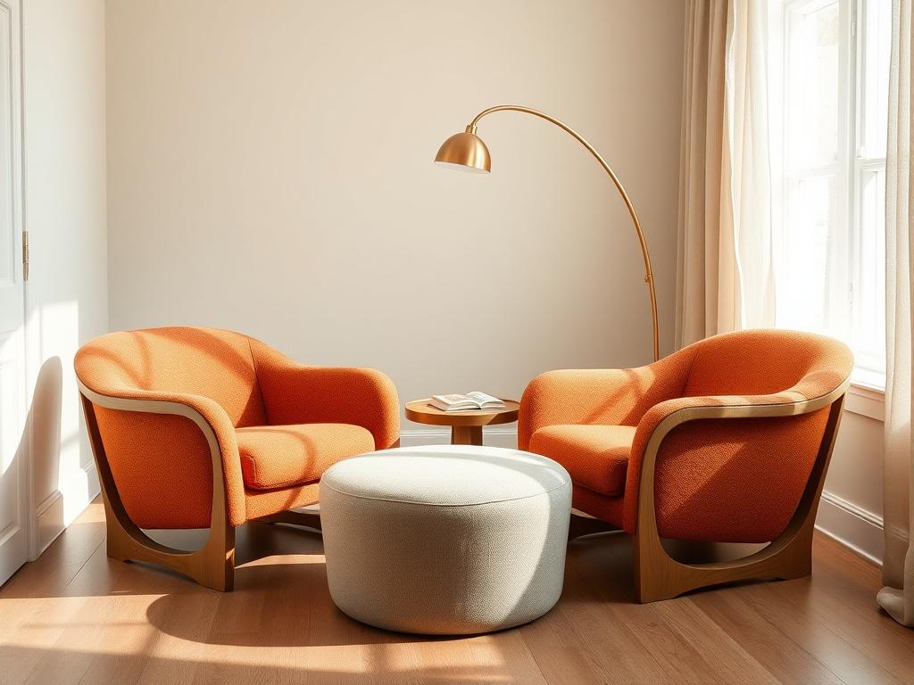 Pair of curved boucle armchairs with matching ottoman