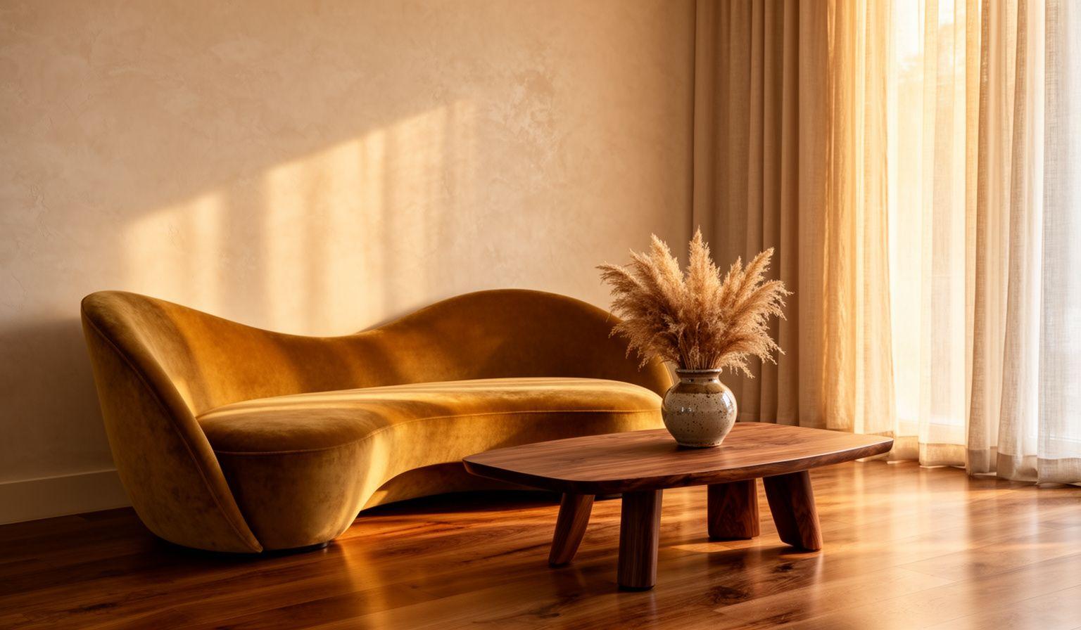 Sunlit Malaysian living room with a curved amber-gold velvet sofa and walnut coffee table built by the Yottabit atelier