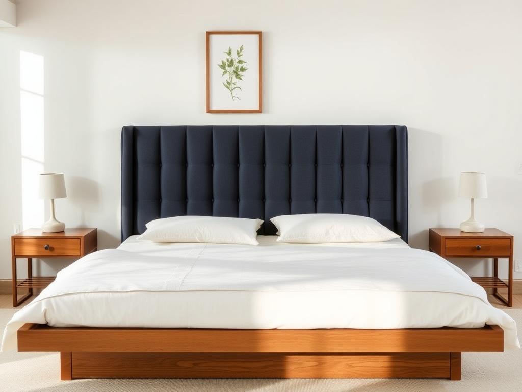 Bespoke king-size platform bed with tall channel-tufted navy headboard