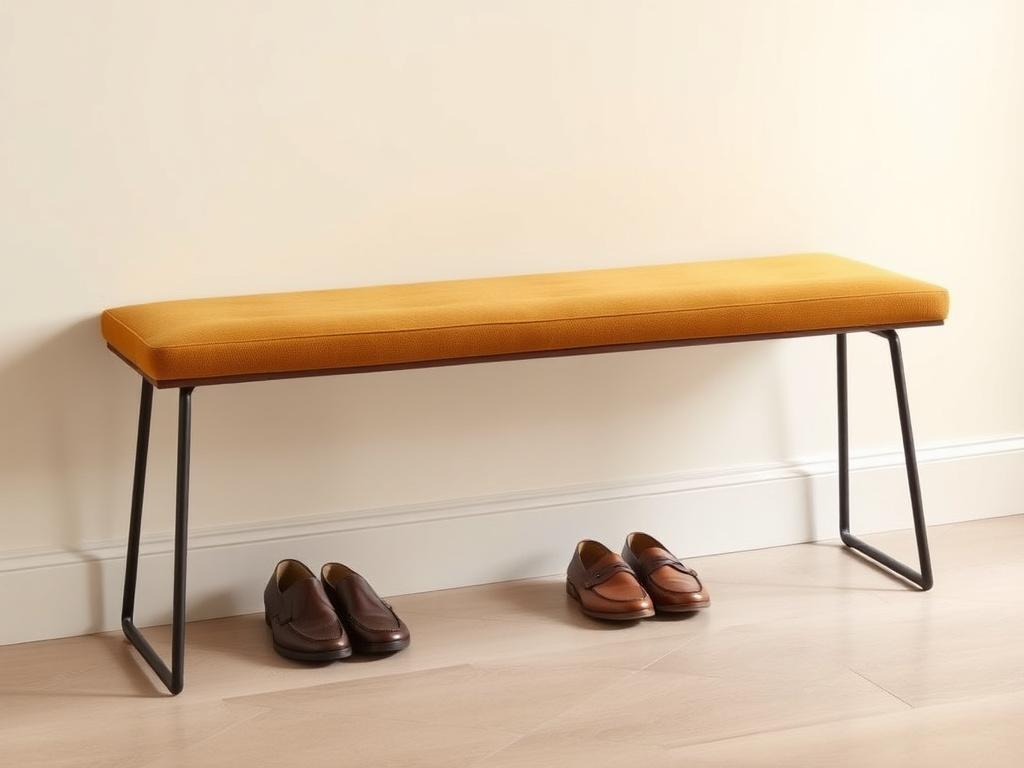 Solid oak entryway bench with amber linen cushion