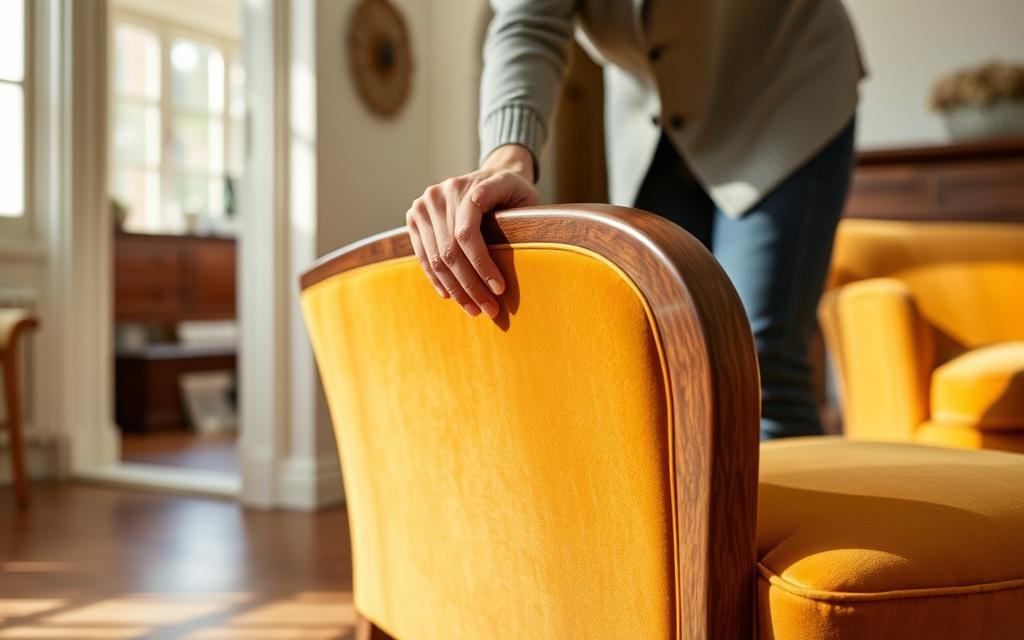 A buyer running their hand along the curved walnut arm of a finished bespoke armchair in a sunlit showroom