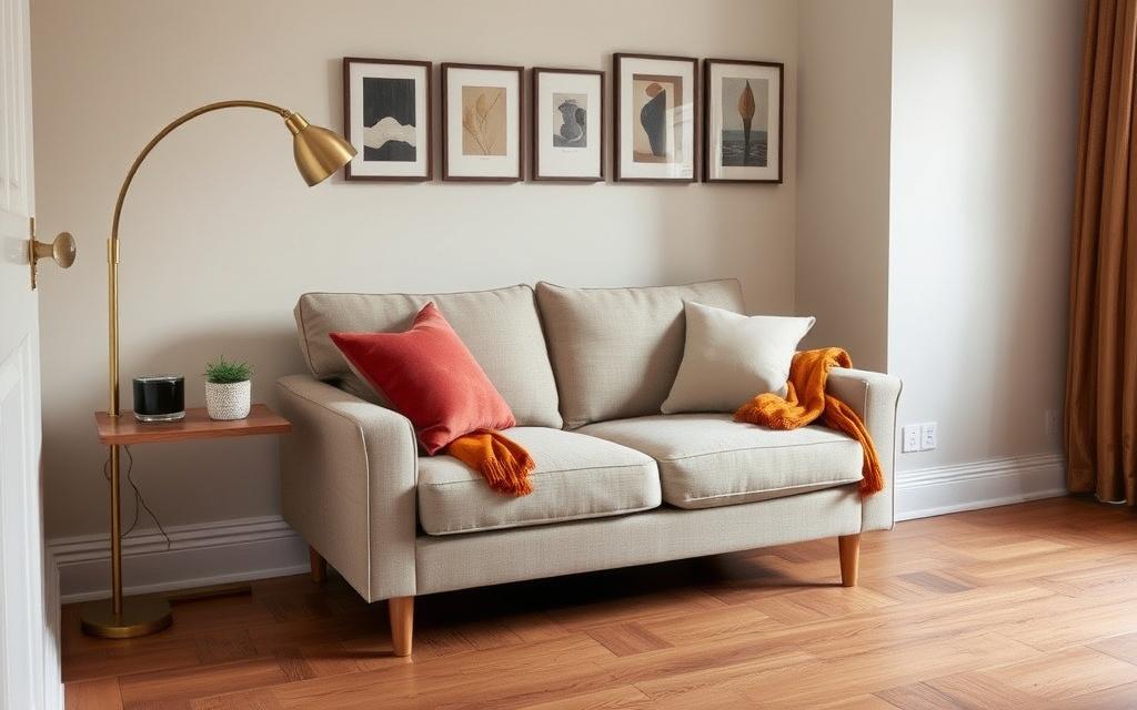 Stylish small living room with compact bespoke two-seater sofa, slim oak side table and brass arc floor lamp