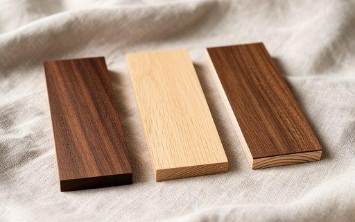 Three rectangular wood samples on a soft linen cloth: solid walnut, solid white oak, and walnut veneer over plywood