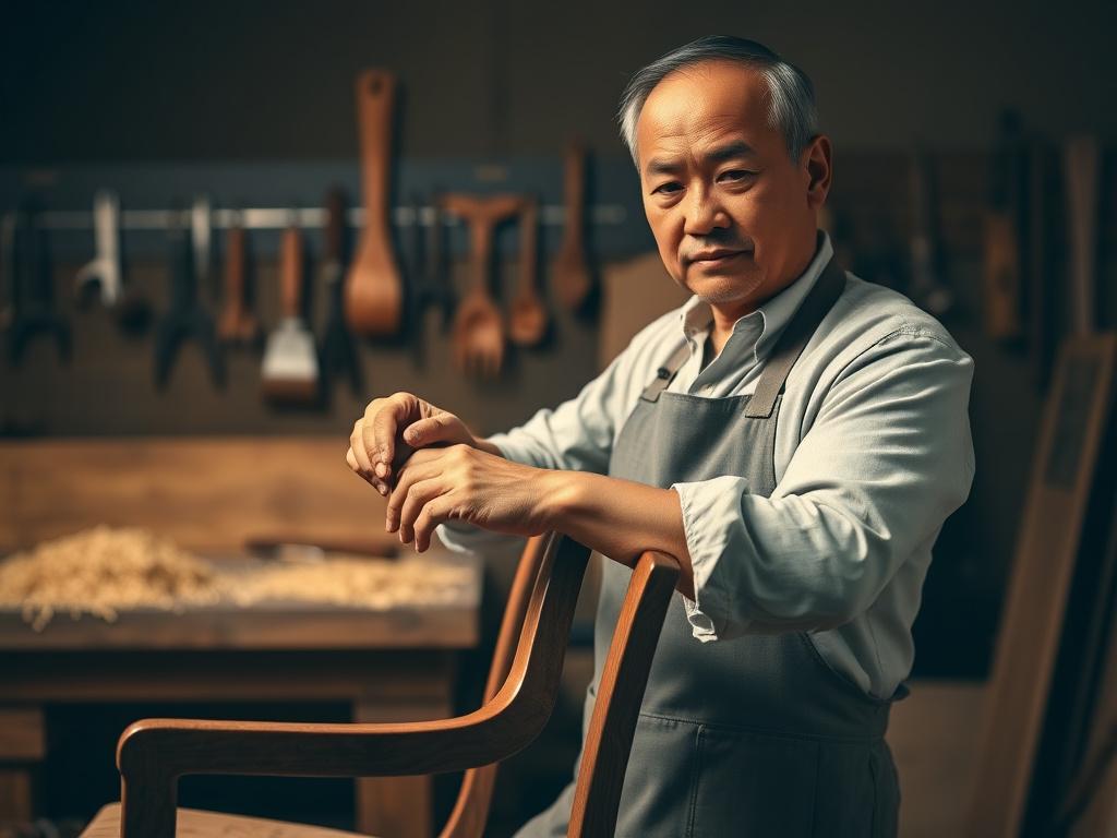 Yottabit cabinetmaker hand-sanding the curved walnut arm of an armchair frame