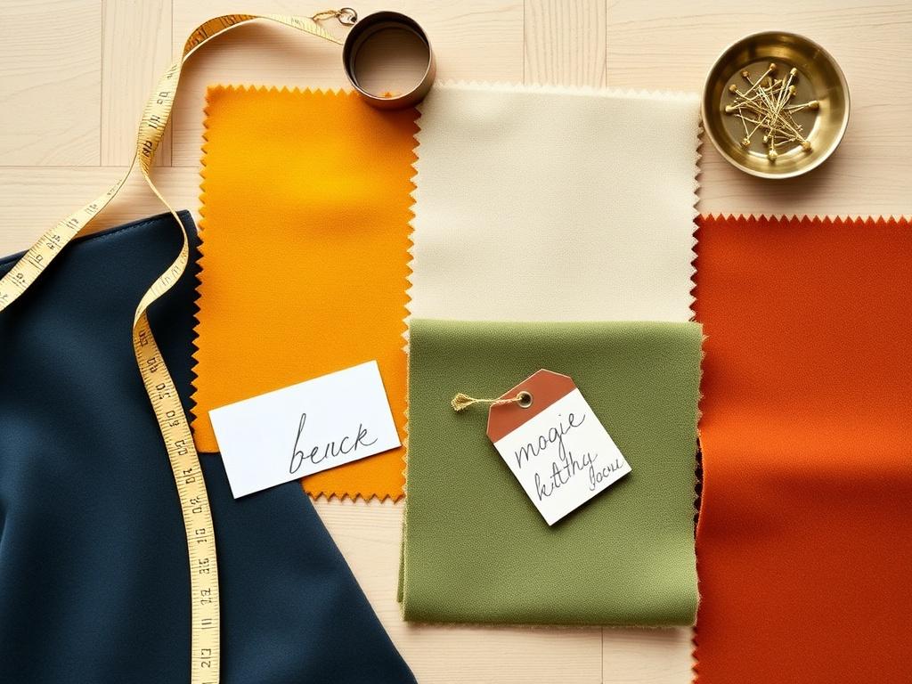 Overhead arrangement of upholstery swatches, brass tacks and wood samples in the Yottabit material library