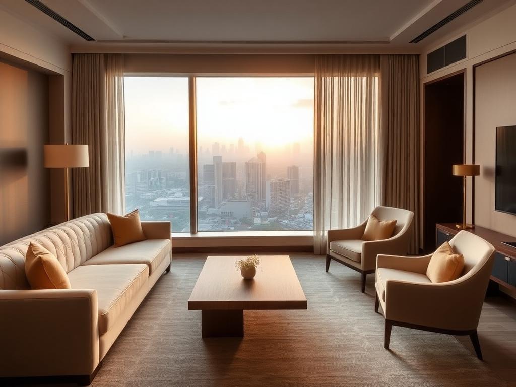 Bespoke hotel suite living area with custom sofa, armchairs and walnut coffee table overlooking KLCC at golden hour