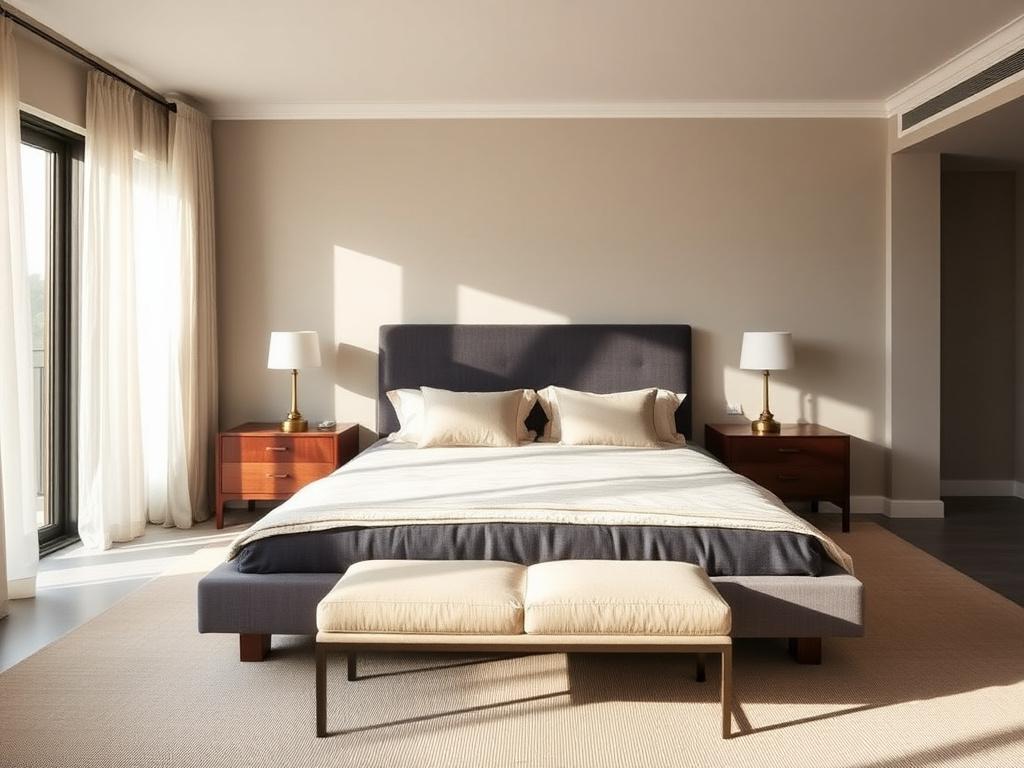 Private residence master bedroom with bespoke platform bed, walnut nightstands and upholstered foot bench