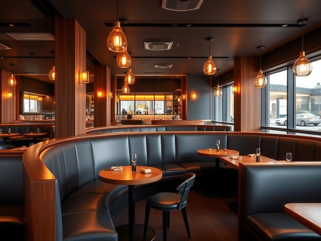 Custom navy leather banquette seating in a boutique restaurant