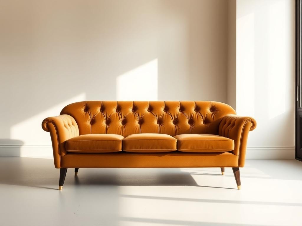 Channel-tufted bespoke three-seater sofa in amber velvet